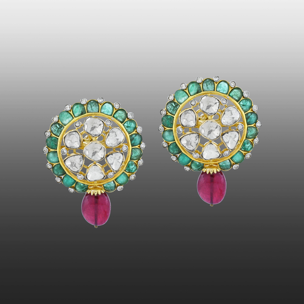 Round Polki Earrings with GreenTalaf and Red Colour bead